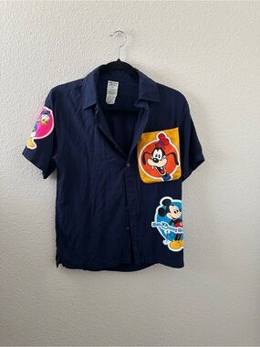 Disney Navy Short Sleeve Button-Front Shirt with Character Patches